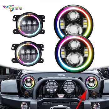 

For Jeep Wrangler Headlights 7'' LED Halo Angel Eyes RGB + 4'' Fog lights For 1997-2017 TJ LJ JK JKU Unlimited Rubicon Sahara