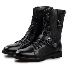 Hot European Luxury Branded Men’s Leather Boots Punk Rock Martin Boots Black Mid-calf Leather Shoes botas invierno 2016 X080301