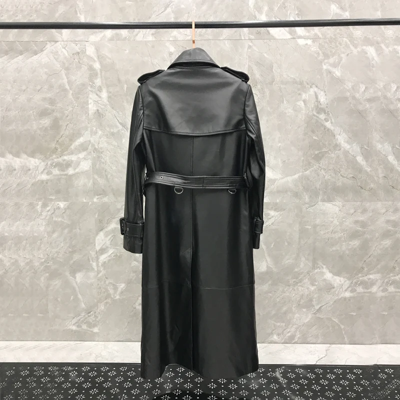 2019 Spring New Women's Leather Leather Long Section Sheepskin Windbreaker Jacket Slim Double Breasted Real Leather Jacket