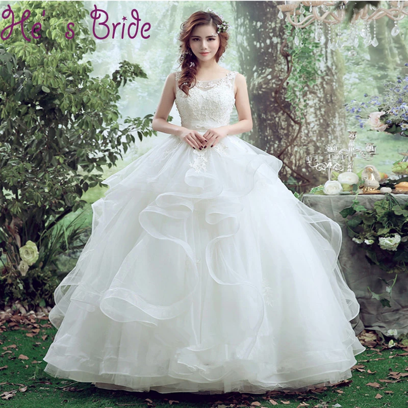 

Customized Tiered Backless Sleeveless Wedding Dresses with Appliques Lace 2017 Floor-length Bride Wedding Gowns Vestido De Novia
