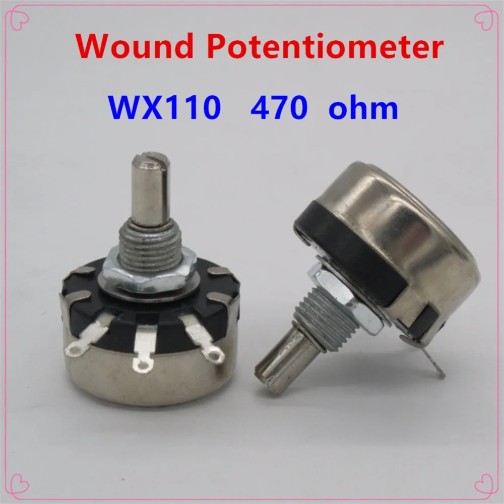 5pcs WX110(010)470 ohm 3 납땜 단자 6mm 원형 금속 샤프트 단일 회전 와이어 권선 전위차계