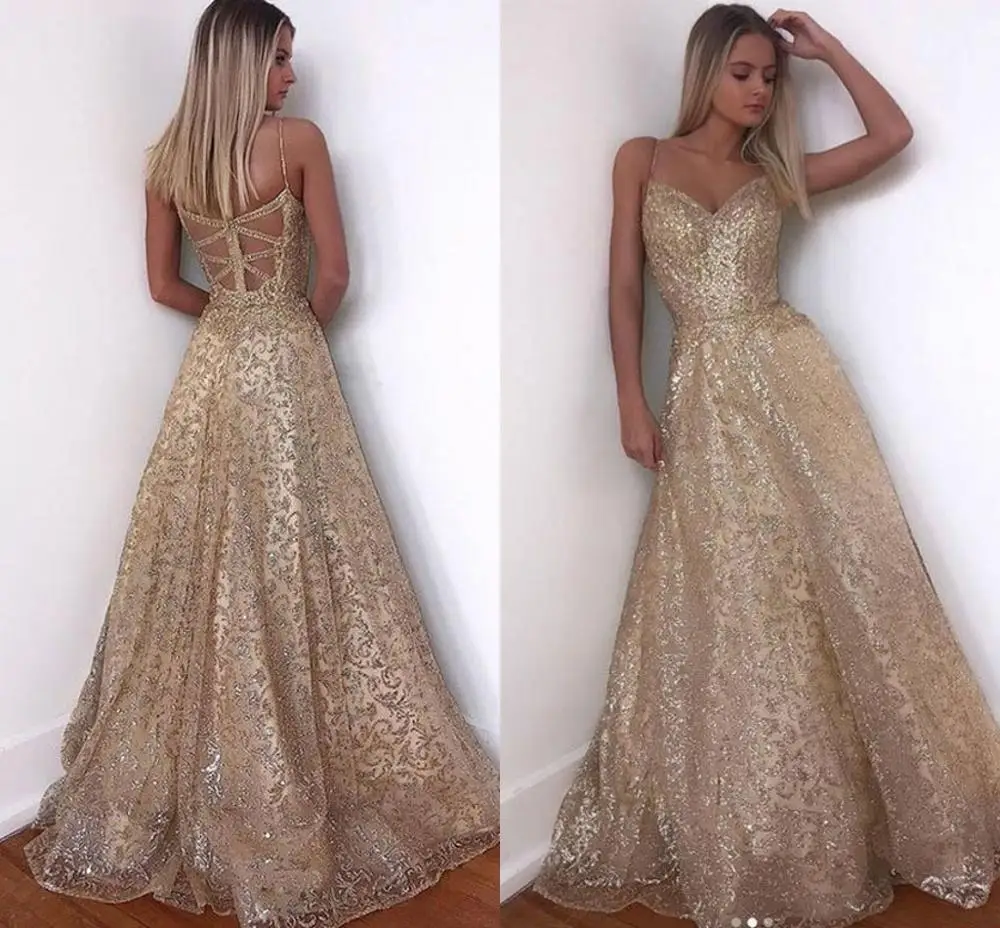 

Evening Dress Long Sparkle 2019 New V-Neck Women Elegant Straps Sequin A-line Maxi Evening Party Gown Dress abendkleider