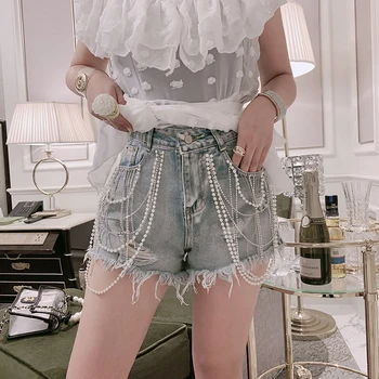

2019 New Summer All-match Loose Women Denim Shorts High Waist Hole Students Shorts Pearl Beading Tassel Female Jeans Shorts