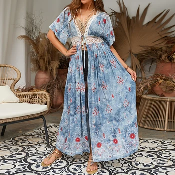 

Women Summer Dress 2019 New Casual Short Sleeve Long Beach Dress Lace Patchwork Floral Maxi Dress Tunic Sundress Vestidos Mujer
