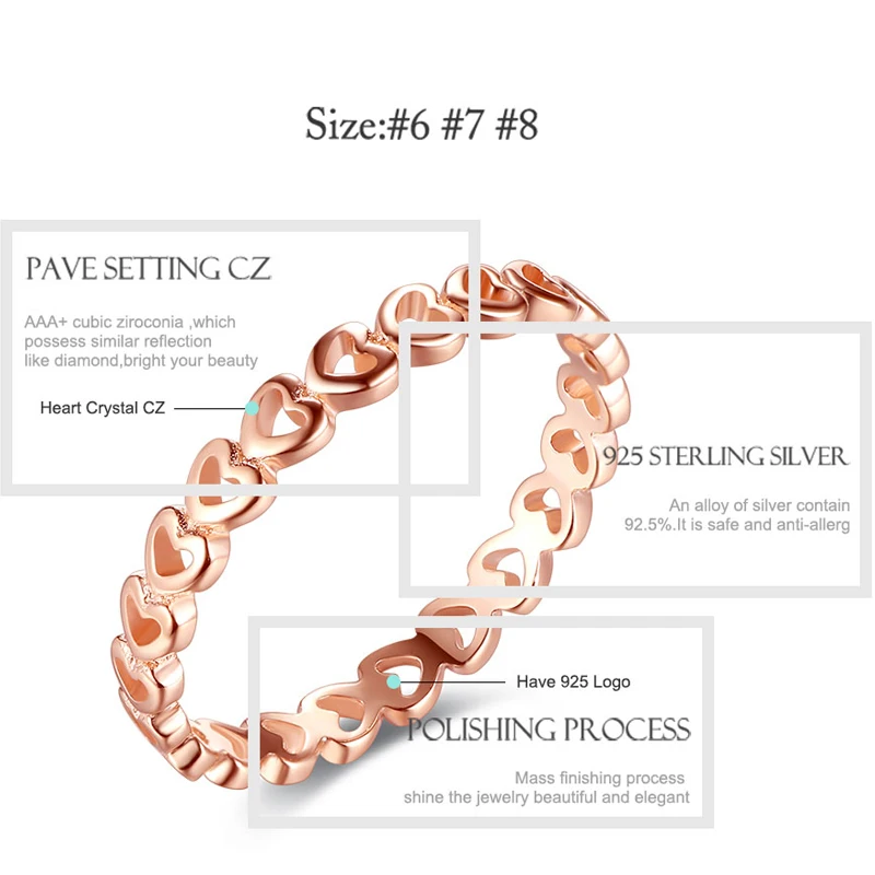 ELESHE Real Solid 925 Sterling Silver Ring Rose Gold Stackable Love Heart Finger Rings For Women Luxury Original Jewelry Gift