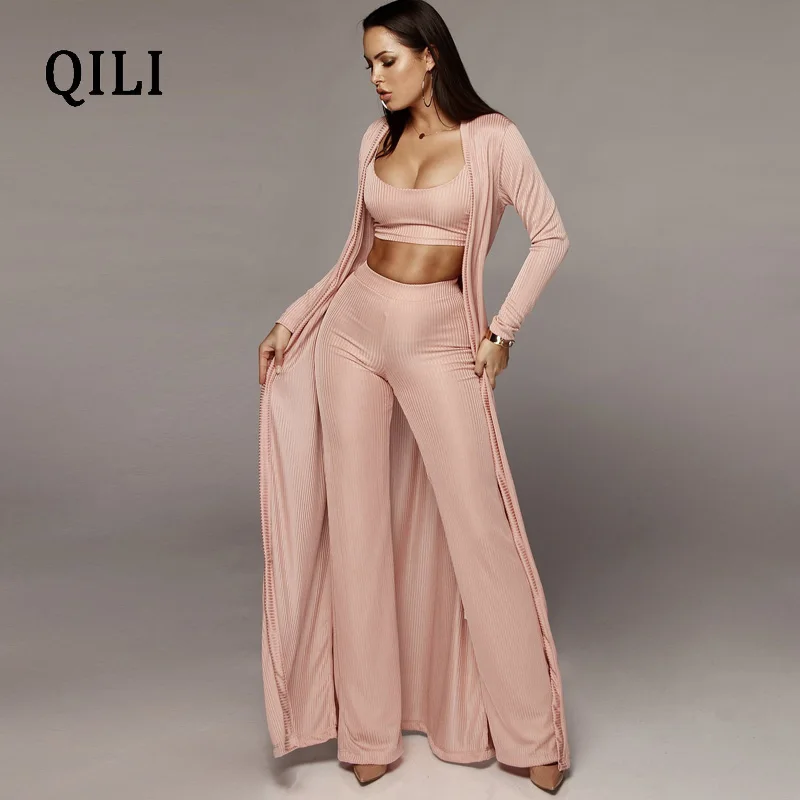 QILI осенние женские комбинезоны с длинными рукавами комплект из 3 предметов женский халат+ короткий топ+ широкие длинные штаны набор с ремнями однотонные комбинезоны - Цвет: Розовый