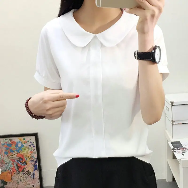 Women Summer White Blouse Sweet Chiffon Short Sleeve Female Tops Peter Pan Collar Female Blouse White Shirt Women Summer White Blouse Sweet Chiffon Short Sleeve Female Tops Peter Pan Collar Female Blouse White Shirt