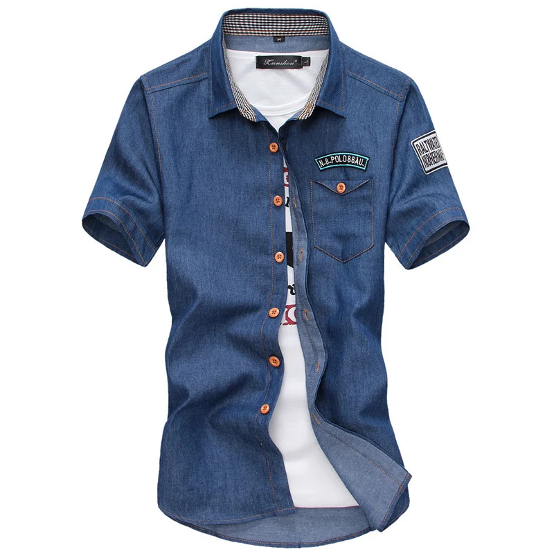 Летняя новая мужская брендовая рубашка 2019 Мужская мода Повседневная приталенная однотонная цветная джинсовая рубашка с короткими
