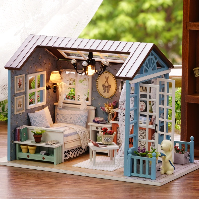 American Style Funny Wooden Mini Classical House DIY Crafts Toys Dollhouse with LED Light Exquiste Gifts for Children Handmade 