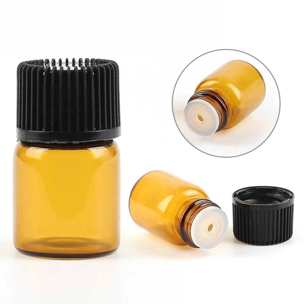 

100PCs Empty Mini 2ml Amber Glass Liquid Pot Aromatherapy Essential Oil Bottle Opening Adapter Cap Container Makeup Container
