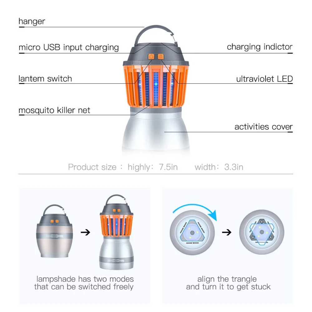 Походные фонари с мухобойка комаров Функция, IP67 Водонепроницаемый USB заряжаемый светильник для кемпинга для Пеший туризм, Отдых на природе