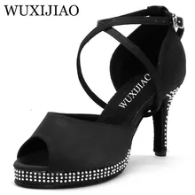 WUXIJIAO Бренд стразы черного атласа Для женщин ультравысокий каблук 10 см латинские Танцы водонепроницаемая обувь на платформе увеличение вечерние туфли