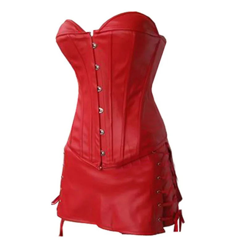Сексуальный корсет из искусственной кожи с Бюстье баской, топ и мини-юбка, комплект женского белья, размер S до 6XL - Цвет: Красный