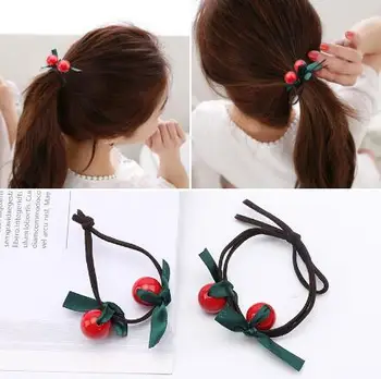 

2017 New Women Red Cherry Beads Hair Tie Ribbon Bow Hairband Hair Accessories Gum For Hair Holder Rubber Band Ponytail