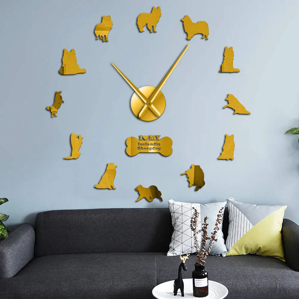 

Large Icelandic Sheepdog Decor Acrylic Mirror Surface DIY Wall Clock Puppy Portrait For Dog Lovers Mute 3D Wall Hanging Watch