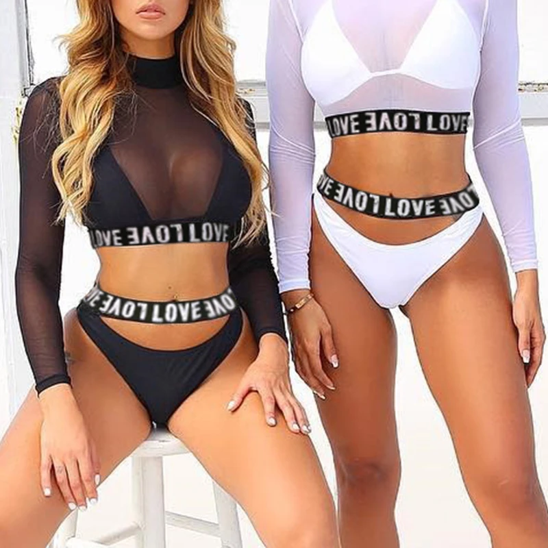 

Long sleeve letter bikini 2019 swimsuit female Push up bathing suit 3 piece biquini Mesh swimwear women High waist bathers new