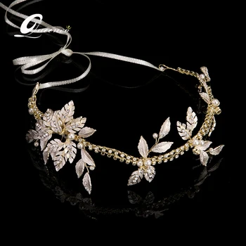 

Fashion Frontlet Gold Leaf Headband Pearl Tiara Bridal Hair Jewelry Wedding Hair Accessories