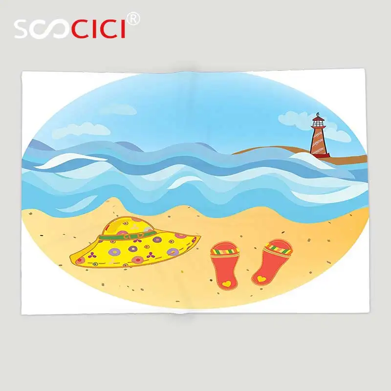 Custom Soft Fleece Throw Blanket Lighthouse Decor Colorful Minimal Doodle Beach Sea Waves Sand Hat Slippers Clouds | Дом и сад