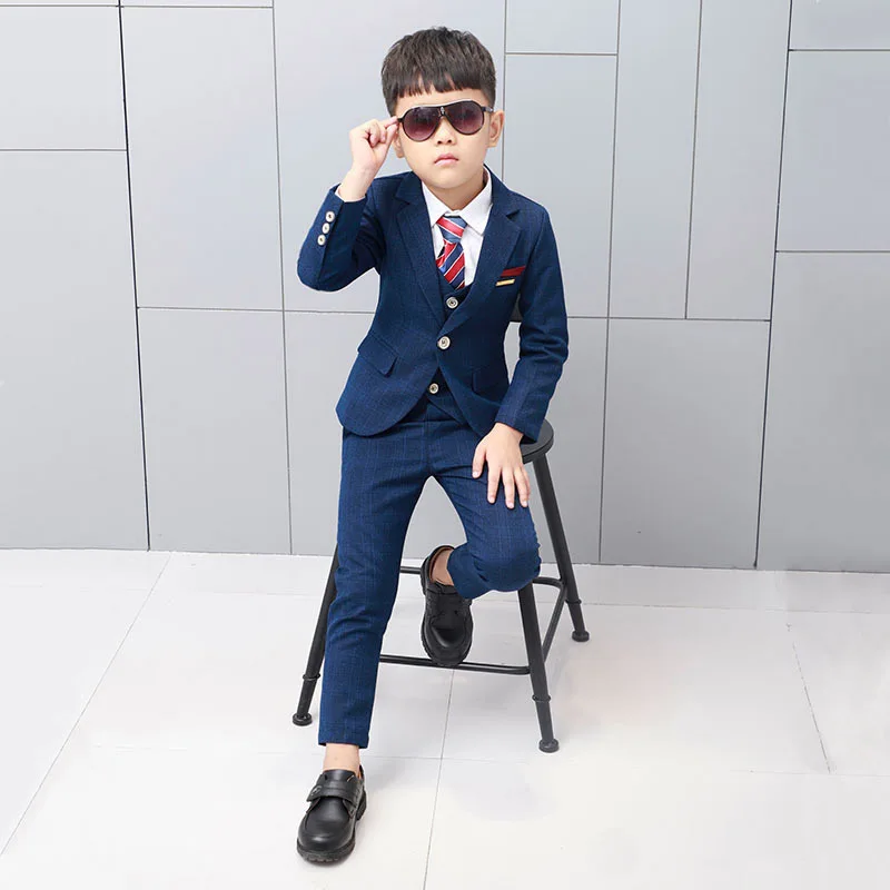 Kids Formal Suit Wedding Birthday Party Dress Flowers Boys Blazer Vest Pants 3pcs Tuxedo Children Prom Performance Costume L12