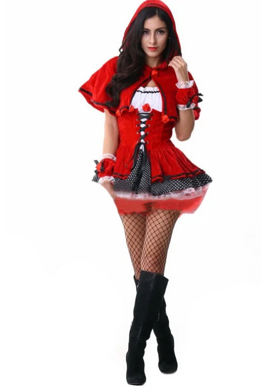 2015 Traje Do Partido Roupas Little Red Riding Hood Halloween Mulheres Traje Sexy Vetement Femme Babados Vestido Para As Mulheres CC145