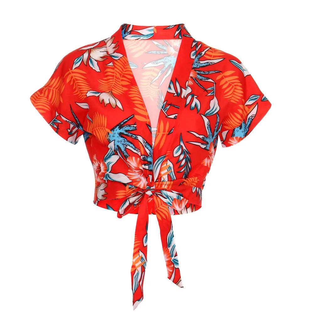 Женская сексуальная Укороченная блуза с глубоким v-образным вырезом и коротким рукавом, цветная одежда, футболка, летняя новая мода, винтажный стиль, Boho