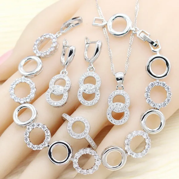 Круглые 925 серебряные ювелирные наборы для женщин белое полудрагоценное ожерелье кулон серьги кольцо браслет - Окраска металла: 4PCS