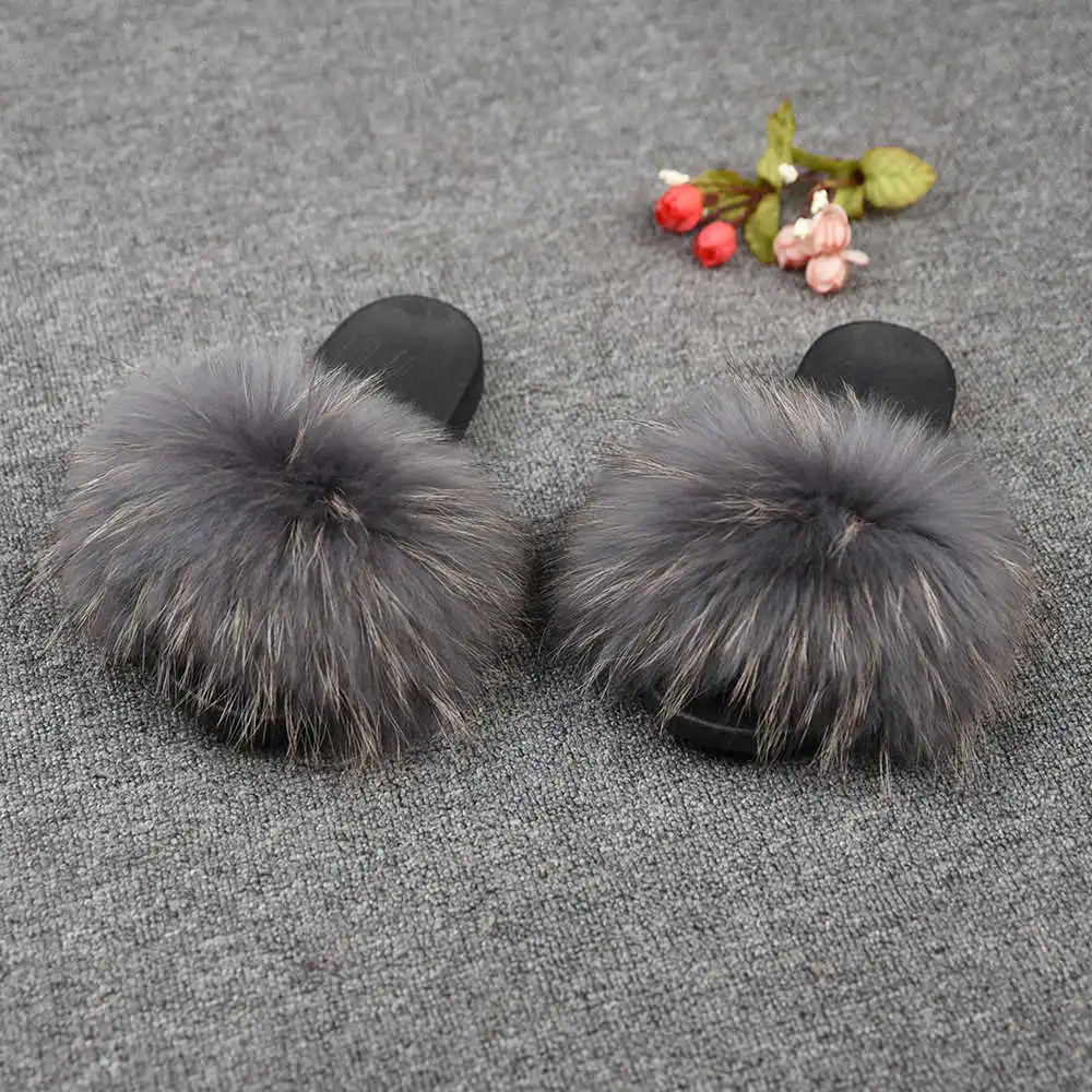 Womens Fur Slipper Real Raccoon Fur Fashion Style Furry Slides Soft Warm Big Fluffy Fur Shoes S6020E