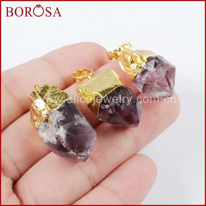 

BOROSA Clearance Sale 5/10PCS Gold Color Natural Hexagon Purple Crystal Natural Amethysts Faceted Point Pendant Bead G0989