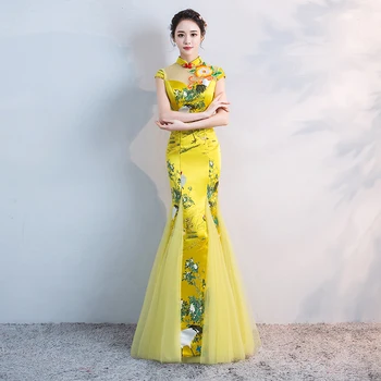 

Gold Women Printed Animals Flower Mermaid Gowns Improved Mandarin Collar Evening Qipao Bride Wedding Dress Prom Formal Gown