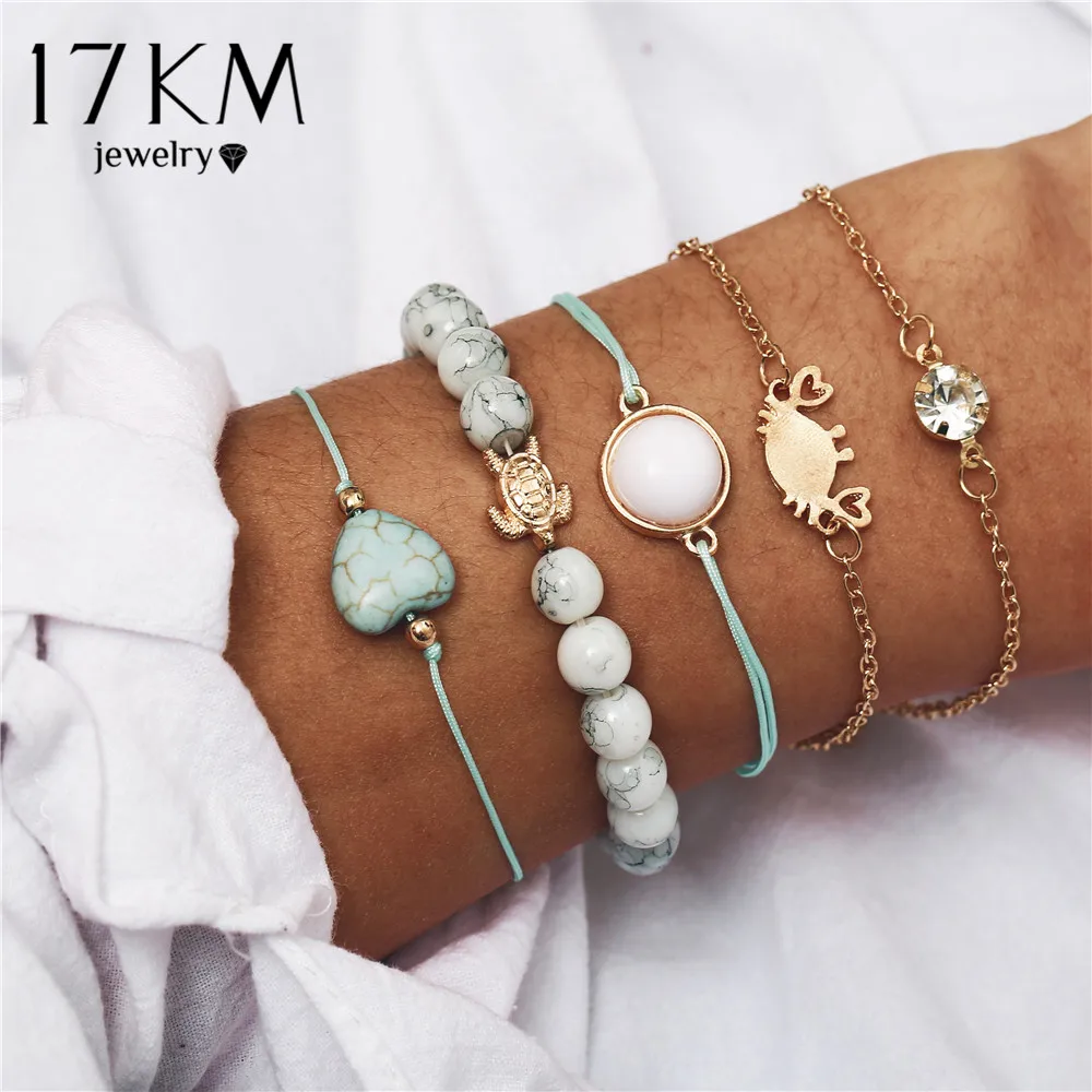 Bohemian Beads Charm Bracelets Set For Women New Fashion Shell Pineapple Map Stone Multilayer Bracelet Female Party Jewelry 2019
