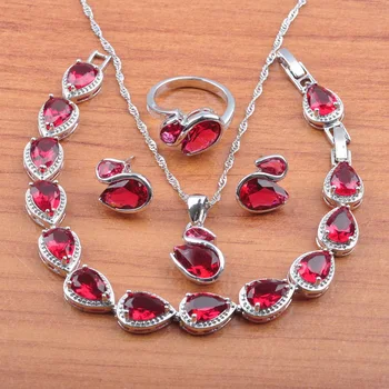 

Silver Color Jewelry Set Red Zirconia Crystal Party Jewelry For Women Earrings Necklace Pendant Rings Bracelet Set JS0552