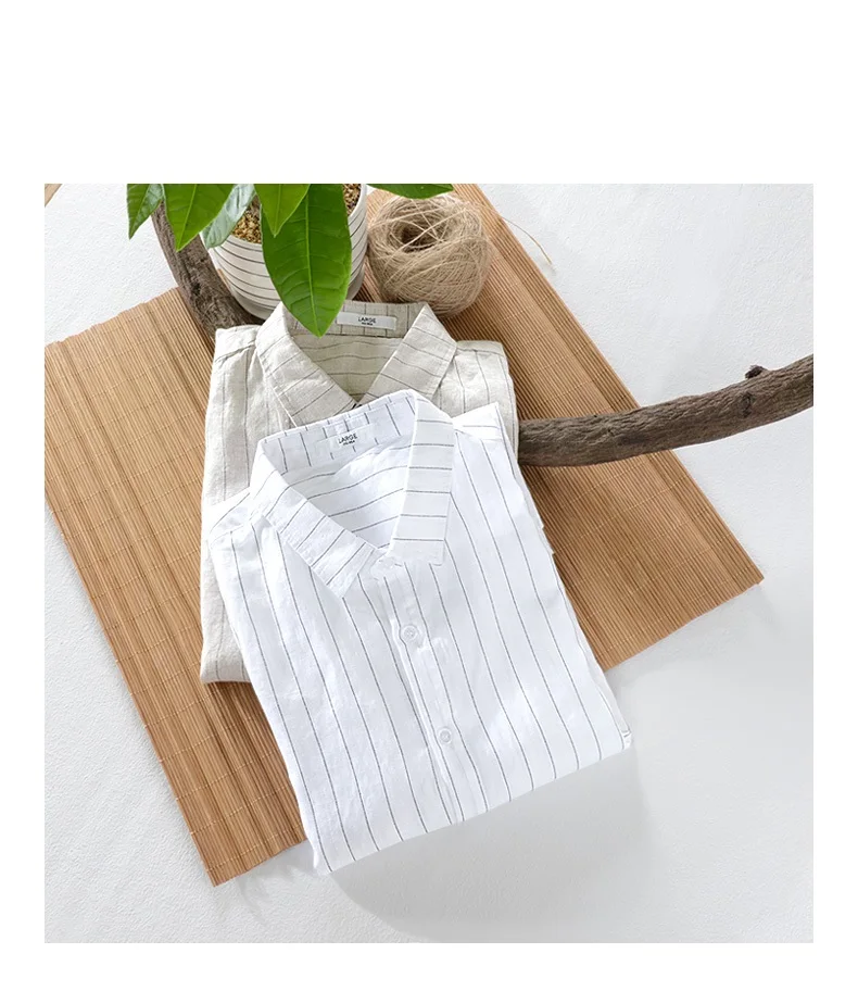 Новинка, брендовая Мужская льняная рубашка в полоску с коротким рукавом, свободная повседневная льняная рубашка, Мужская M-3XL, летняя белая рубашка для мужчин