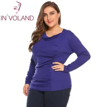 IN'VOLAND/большие размеры; Женская Винтажная Футболка; топы; Большой пуловер; свободный вырез; длинный рукав; драпированная однотонная облегающая футболка; большие размеры