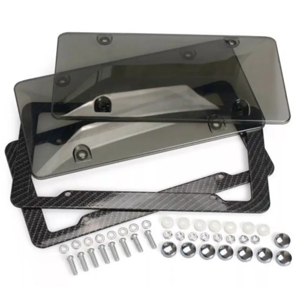 

4pcs Carbon Car License Plate Bug Shield Frames Tag Covers Holder For Vehicle USA Canada Standard with Clear Smoke License Cover