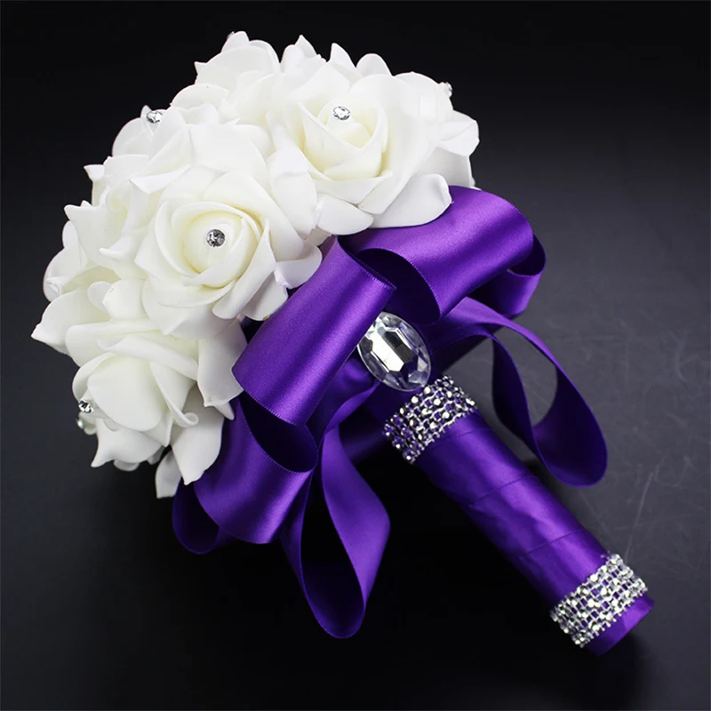 Ручной работы, красивый Сиреневый цветок невесты, свадебный букет, искусственный цветок, роза, лента, хрустальные букеты de noiva