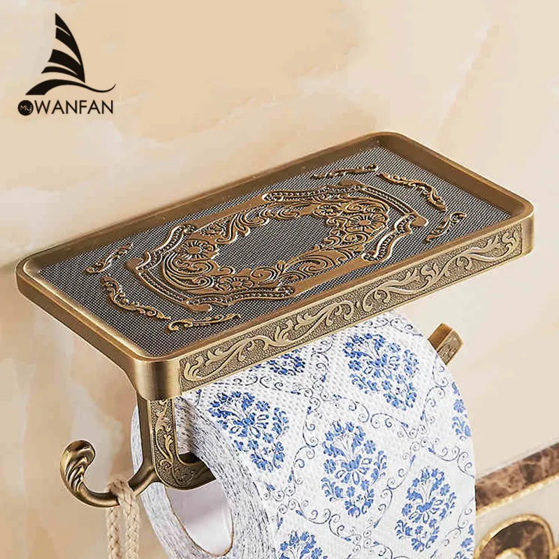 Preise Bad Regale Antik Carving Wc Rolle Papier Rack mit Telefon Regal Wand Montiert Bad Papier Halter Haken Nützlich WF1018