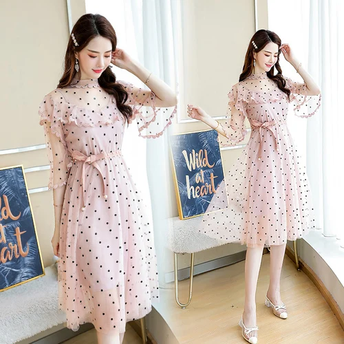 الأزياء 2019 جديد مثير شبكة خليط فضفاض فساتين شيك Flarre كم القوس Vestidos نقطة وجيزة أنيقة خمر Vestidos