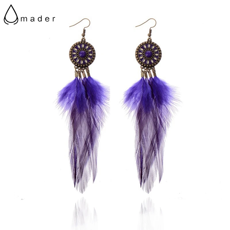 

Amader 2018 New Vintage Purple Bohemian Boho Multicolor Rhinestone Crystals Feather Tassel Hollow Hook Earrings Handmade