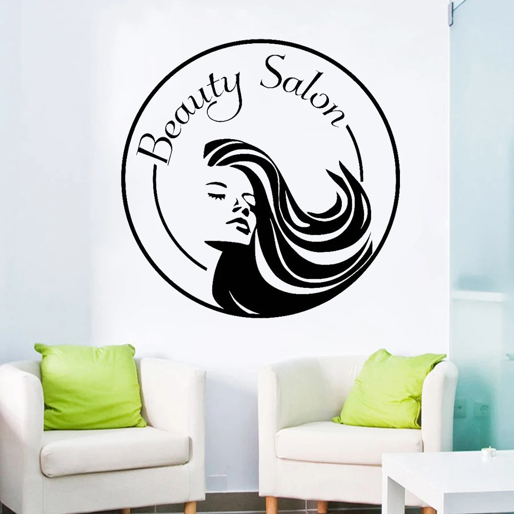 

Business Logo Poster Wall Decals Beauty Salon Cool Girl Face Long Hair Silhouette Vinyl Wall Stickers Window Wallpaper A115