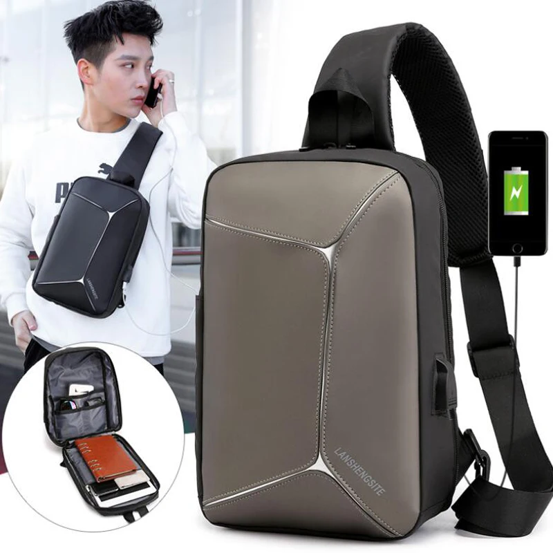 

Awen Shaw Men's Polyester USB Charging Crossbody Bag Adjustable Straps Invisible Side Pocket Chest Fashion Sling Bags Zipper
