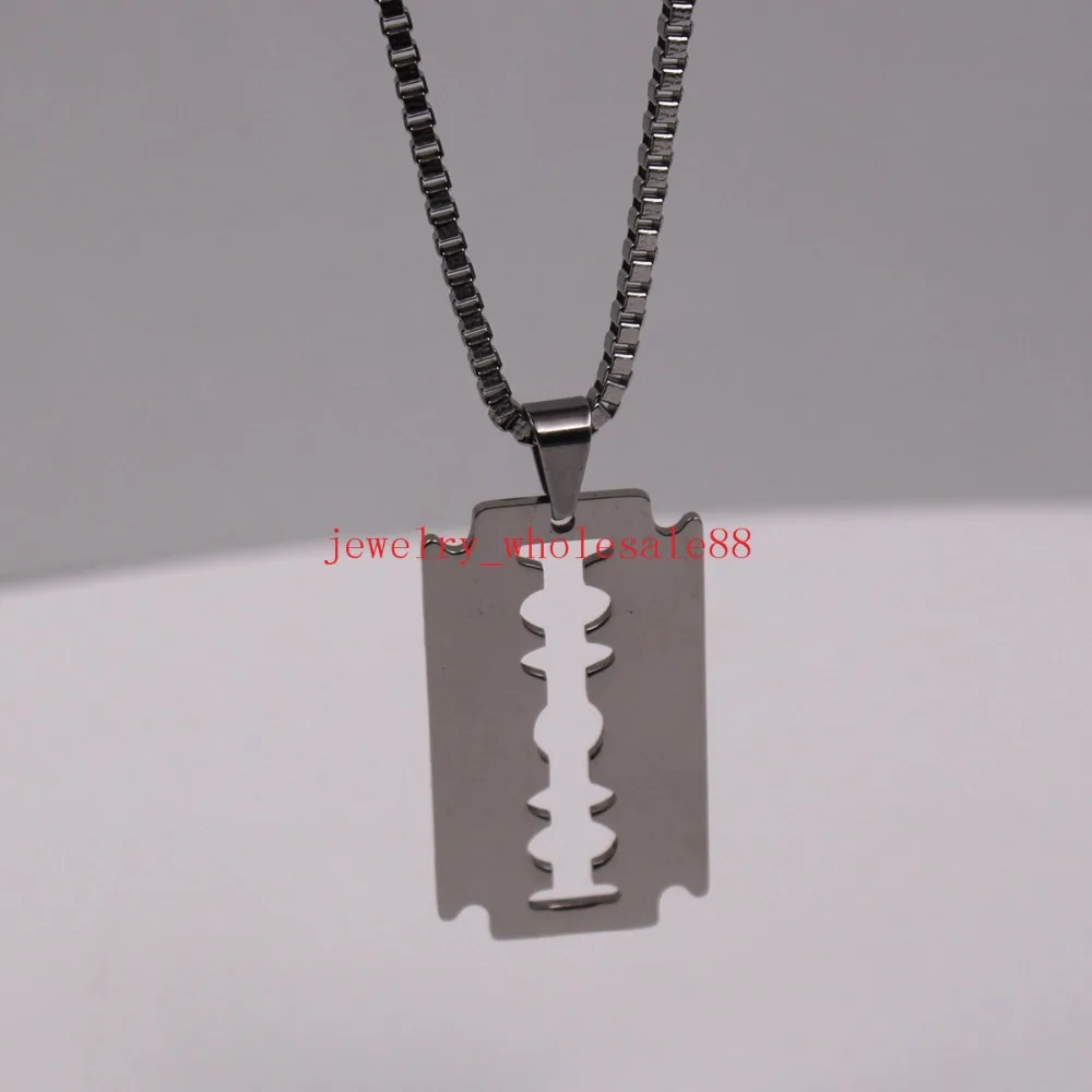 

High Polished Silver Stainless Steel Razor Blade Dog Tag Pendant 2.4mm Box chain necklace Unisex Men boy 18''-28''