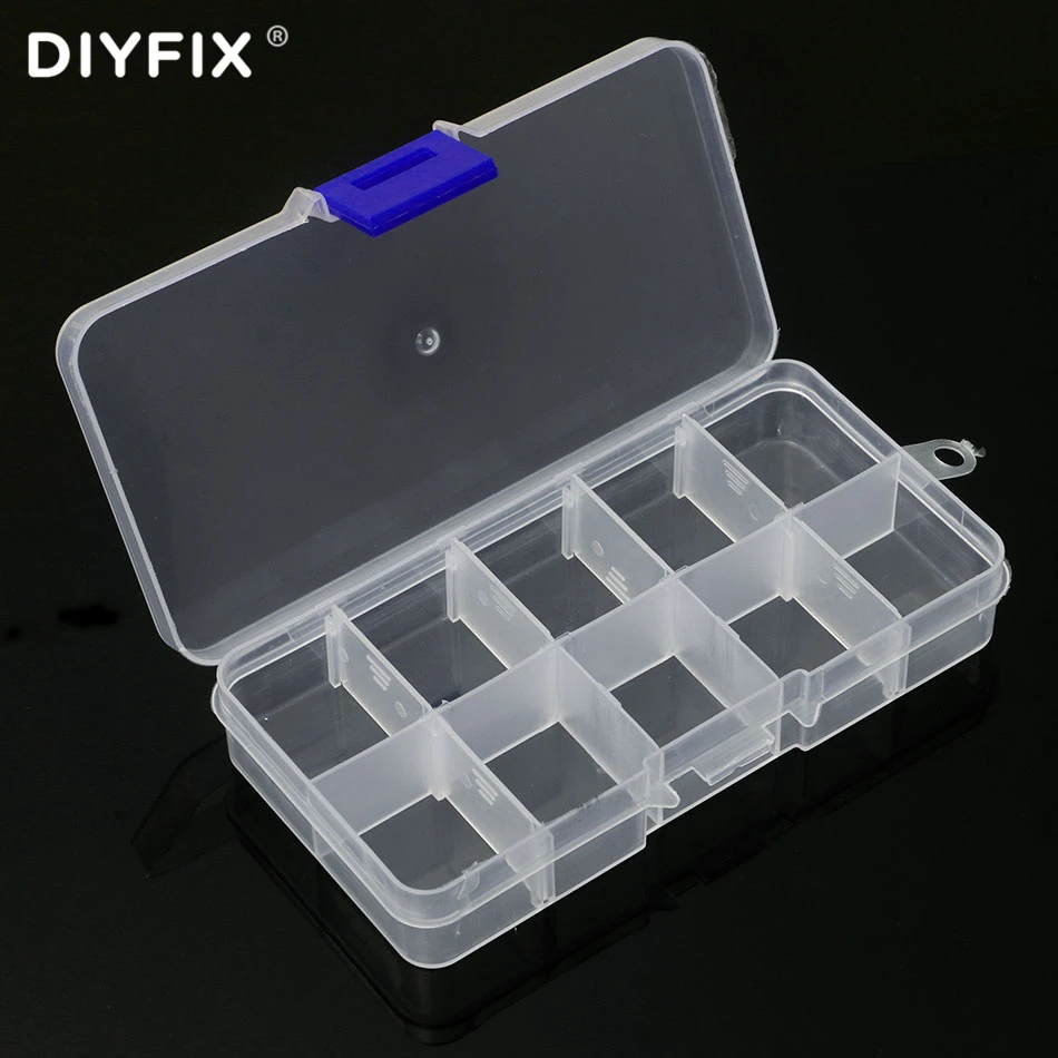 

DIYFIX Adjustable Grid 10 Slots Tool Box Electronic Parts Storage Screw Case Transparent Plastic Case Multi Function Tool