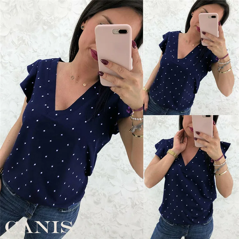 

Women Summer Loose Short Sleeve V Neck Chiffon Blouse Tops Shirts Casual Navy Blue Dot Print Blouse Shirt Tops Blouse Clothings