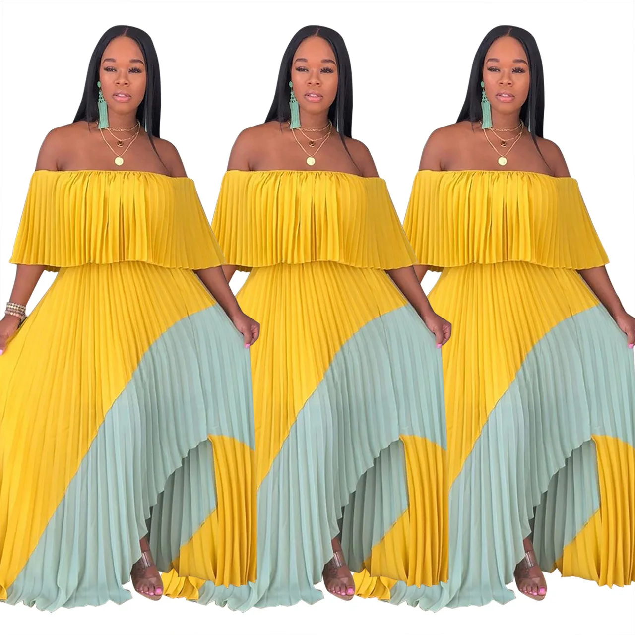 

2019 Africa women summer off shoulder butterfly sleeve patchwork irregular hem maxi pleated dress party long dresses vestidos