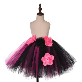 

Halloween Witch Costume Girls Black Evil Wizard Role Play Evening Party Outfit Under Leotard Rose Flowers Kids Daily Tutu Skirts
