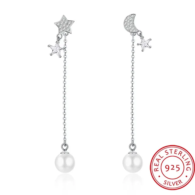100 925 Sterling Silver Moon Star Earrings For Woman Rhinestone 100 925 Sterling Silver Moon Star Earrings For Woman Rhinestone Long Dangle Pearl Punk