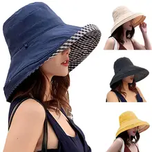 Открытый путешествия ведро шляпа для женщин Двусторонняя носить плед большой край Лето японский стиль солнцезащитный козырек шляпа
