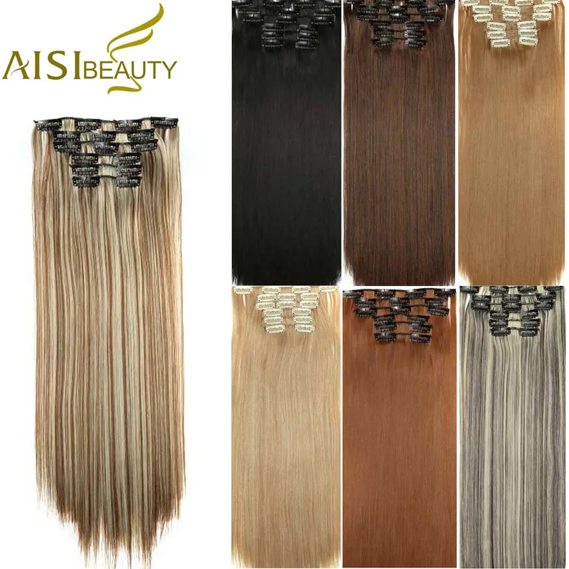 

AISI BEAUTY 16 Clips Long Straight Synthetic Clips in Hair Extensions False Hairpiece 6Pcs/Set Black Blonde Hairpiece