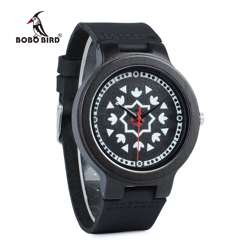 BOBO BIRD Ebony Wooden Timepieces Watch Men UV Priting Dial Face Soft Leather Band Quartz Mens Watches Top Luxury OEM W-J14