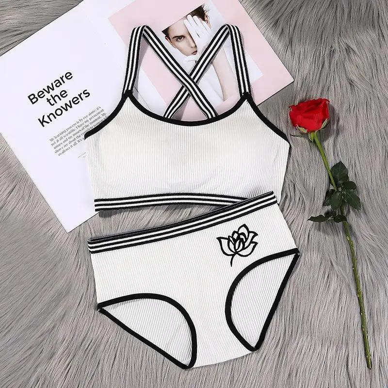 

Cotton Lingerie Bra Sets Thin Thread Push Up Bras Traceless Panties Sets Wireless Removable Chest Pad Bra Briefs Set